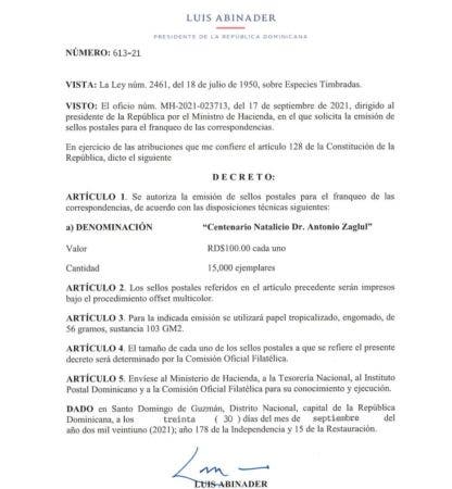 Presidente Abinader autoriza emision de sellos postales para el franqueo