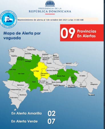 COE mantiene dos provincias en alerta amarilla y siete en