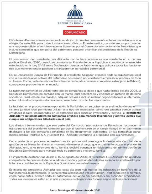 Pandora Papers Comunicado de Presidencia sobre empresas de Luis Abinader