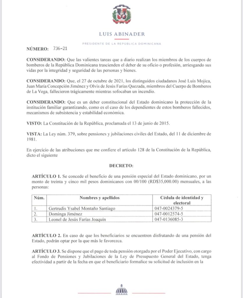 1637347876 802 Abinader dispone pension especial a familiares de bomberos fallecidos en