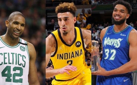 De izquierda a derecha: Al Horford, Chris Duarte y Karl Anthony Towns.