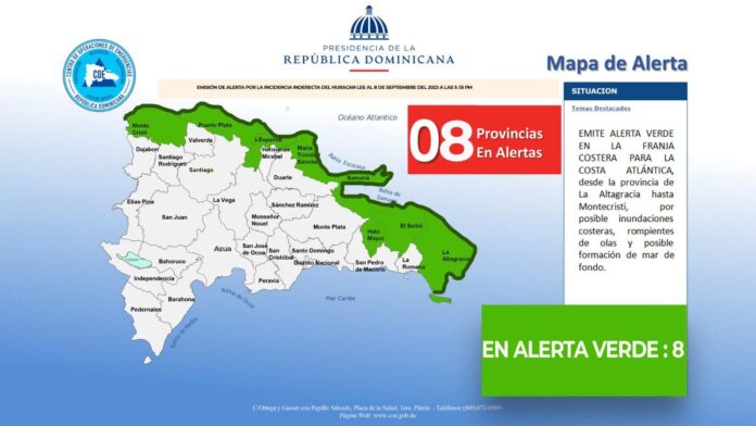 El COE coloca en alerta verde ocho provincias del norte y este de RD por huracán Lee