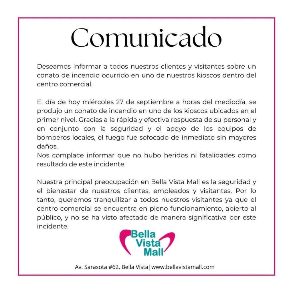 Reportan conato de incendio en Bella Vista Mall