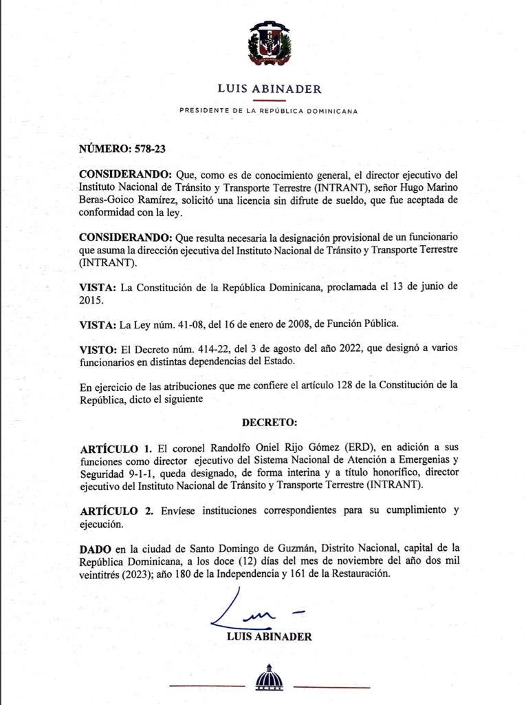 ¡Se fue Hugo Beras Abinader designa al coronel Randolfo Rijo