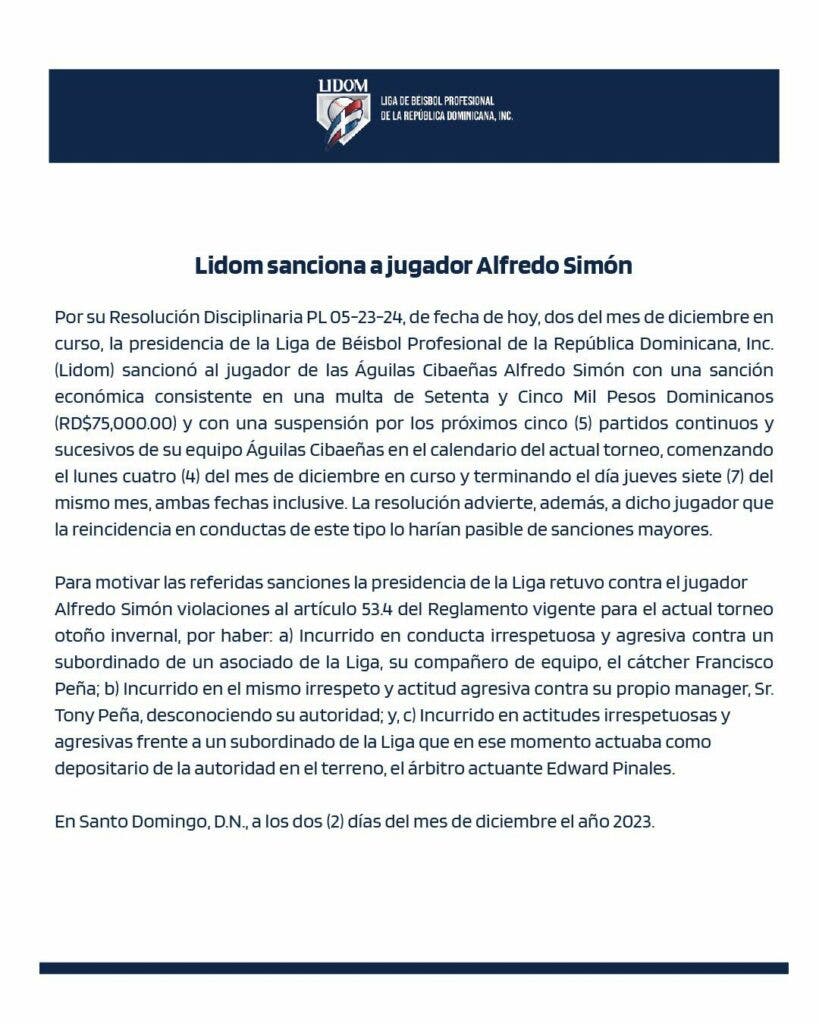 LIDOM suspende a Alfredo Simon por 5 partidos