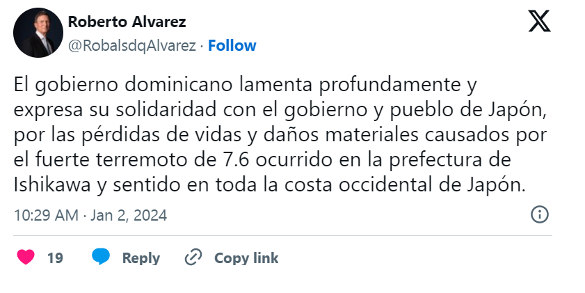 Gobierno dominicano expresa su solidaridad a Japon tras el terremoto