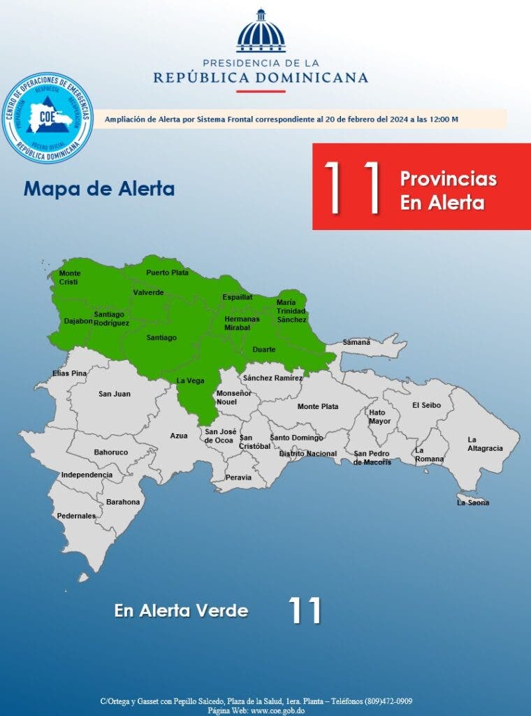 COE eleva a 11 las provincias en alerta verde