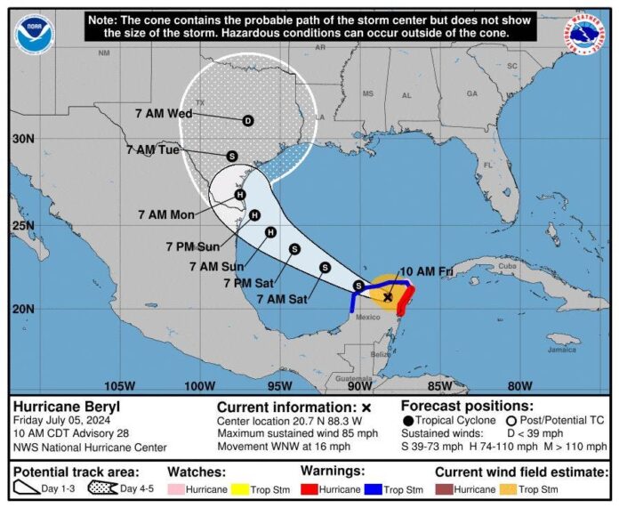 Beryl toca tierra en la costa caribeña de México, cerca de Tulum, como huracán categoría 2