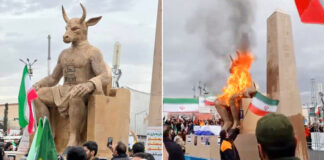 Manifestantes iraníes queman una estatua de ‘Baal Epstein’
