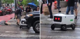 Amor a primer golpe: robot repartidor se ‘enamora’ de un coche que casi lo atropella