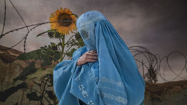 Mujer afgana embarazada con burka, ilustración