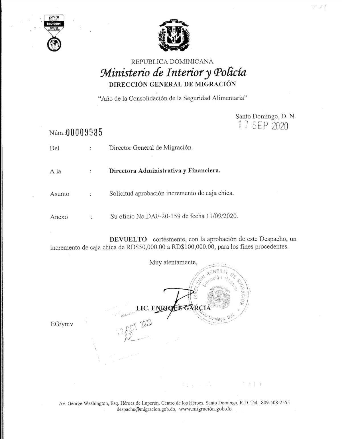 DGM aclara solicitud de RD 200000 via caja chica no