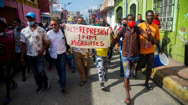 Protesta de haitianos en Tapachula.