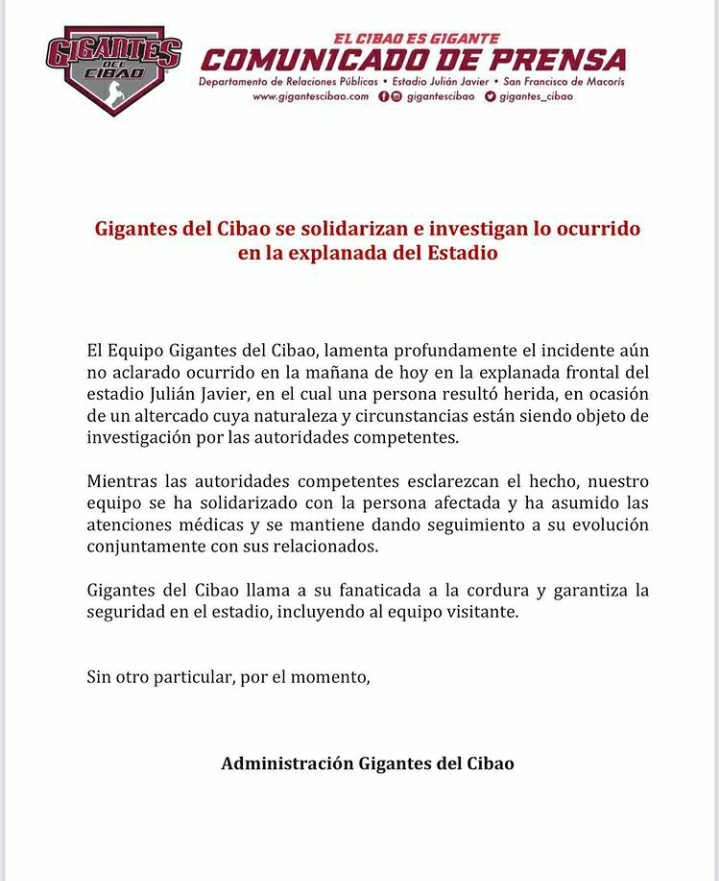 Gigantes del Cibao lamenta incidente ocurrido en el estadio Julian