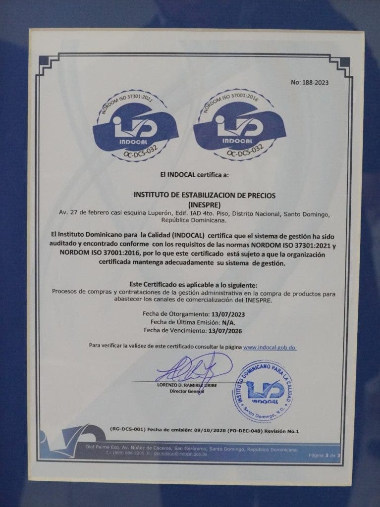 Inespre recibe certificacion de las normas ISO 37001 e ISO