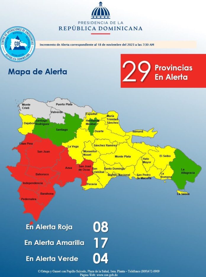 COE aumenta a 29 el número de provincias en alerta por fenómeno atmosférico