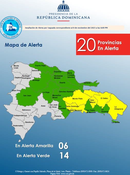 COE aumenta a 20 las provincias en alerta
