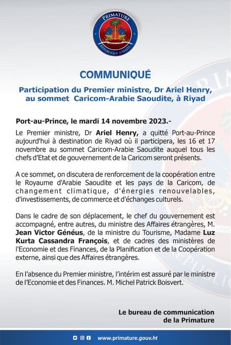 Primer ministro de Haiti viajo a Riad para participar en