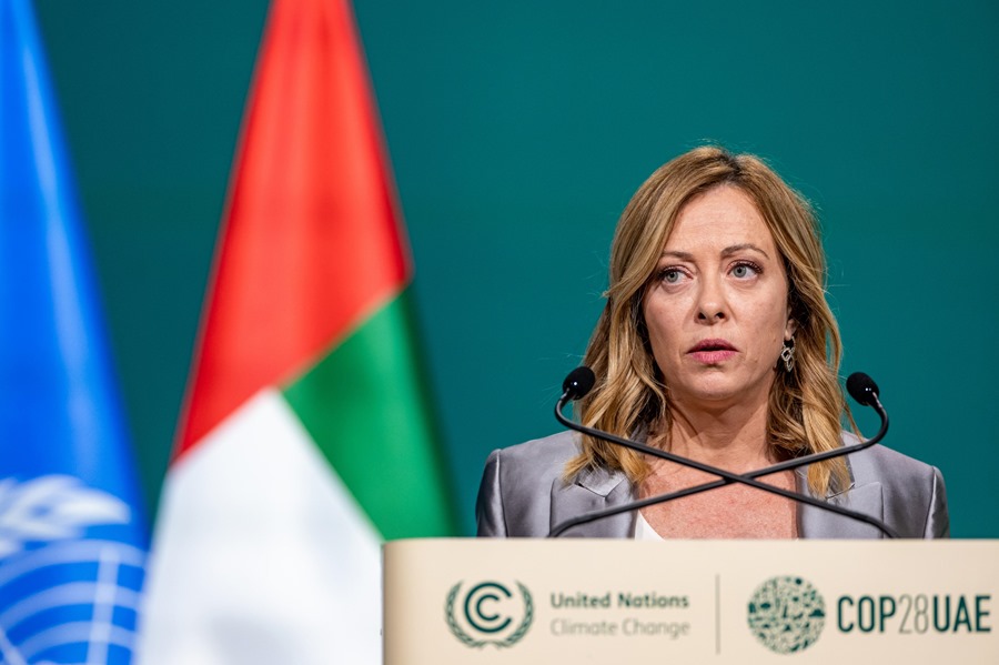 La primera ministra italiana, Giorgia Meloni, hoy en la Cumbre del Cambio Climático COP28, en Dubái. 