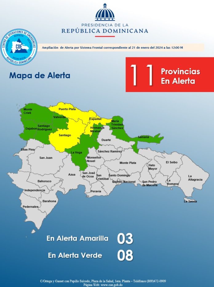 COE aumenta a tres provincias en alerta amarilla y ocho en verde