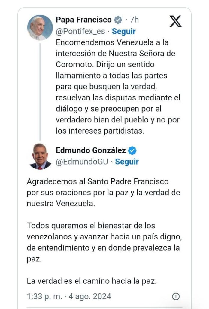 Edmundo González Urrutia agradece al papa Francisco sus oraciones por Venezuela