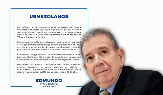 Edmundo González emite comunicado tras no presentarse ante el CNE