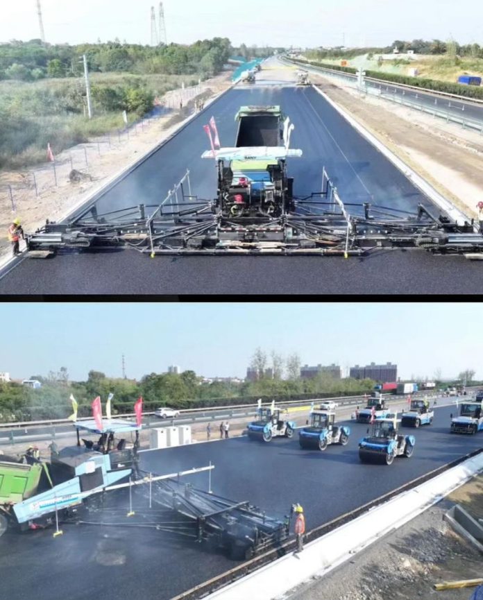 China asfalta una carretera de 150 kilómetros sin humanos